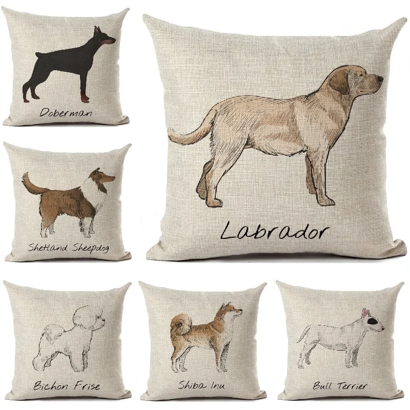Cushion Cover Labrador Corgi Doberman Printed Linen Pillows Cover Car Sofa Decorative Throw Pillows Home Decoration Pillow Case