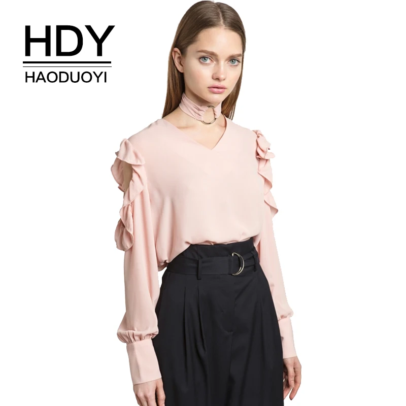 HDY Haoduoyi Women's Sweet Ruffle Frill Cold Shoulder Top Chocker O-Neck Chiffon Blouse Long Sleeve Shirt Female Pink Blouses
HDY Haoduoyi Women's Sweet Ruffle Frill Cold Shoulder Top Chocker O-Neck Chiffon Blouse Long Sleeve Shirt Female Pink Blouses