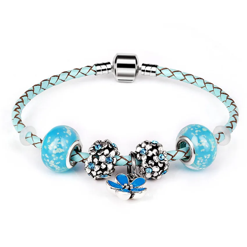 Genuine Lether Charm Bracelet glass beads With Flower beads sky blue Rhinestones Bracelets for Women Wedding Vintage Jewelry
Genuine Lether Charm Bracelet glass beads With Flower beads sky blue Rhinestones Bracelets for Women Wedding Vintage Jewelry