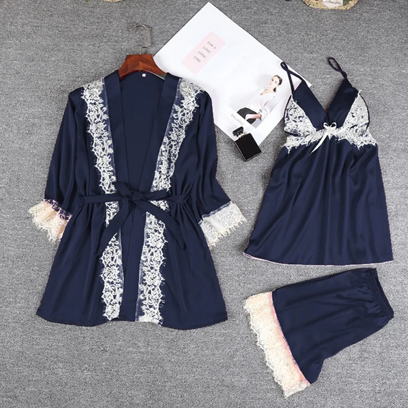 Sexy Lace Trim Satin Patchwork Cami and Shorts and Robe Pajama Set New Women sleepwear women lingerie seksi bayan gecelikler
Sexy Lace Trim Satin Patchwork Cami and Shorts and Robe Pajama Set New Women sleepwear women lingerie seksi bayan gecelikler