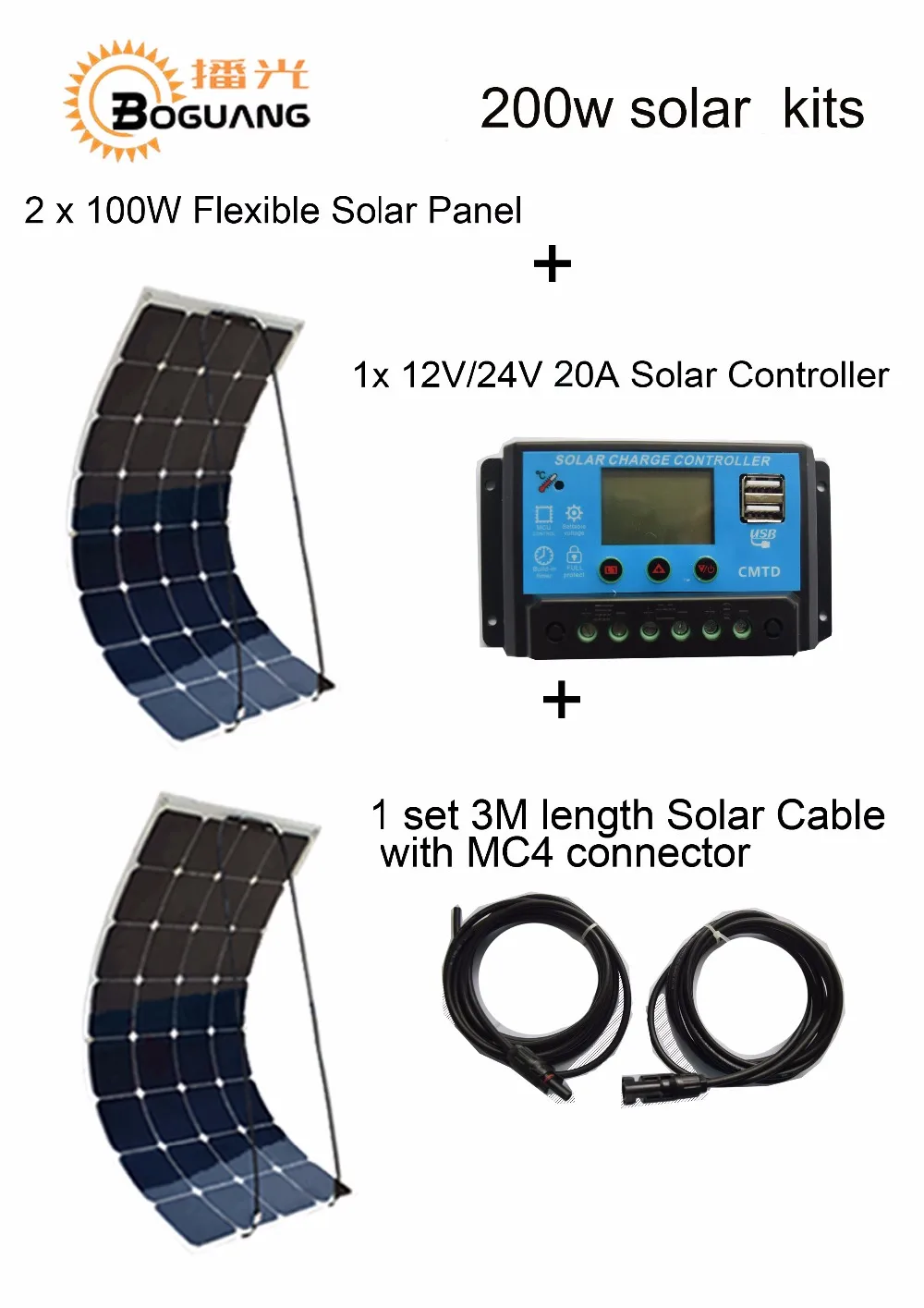 Boguang 200W Solar panels System 2pcs 100W flexible solar panel +controller+cable outdoor light module cellular solar charger
Boguang 200W Solar panels System 2pcs 100W flexible solar panel +controller+cable outdoor light module cellular solar charger