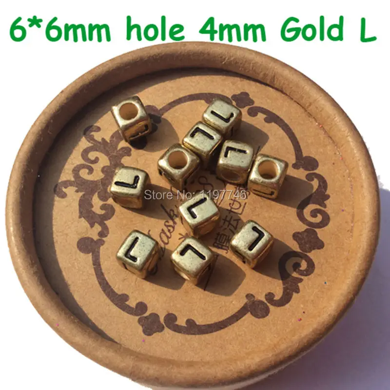 

Acrylic Alphabet Letter Beads Gold Black Plastic Square Cube Spacer Big Hole Bead DIY Bracelets Jewelry Making 6mm 2600pcs
