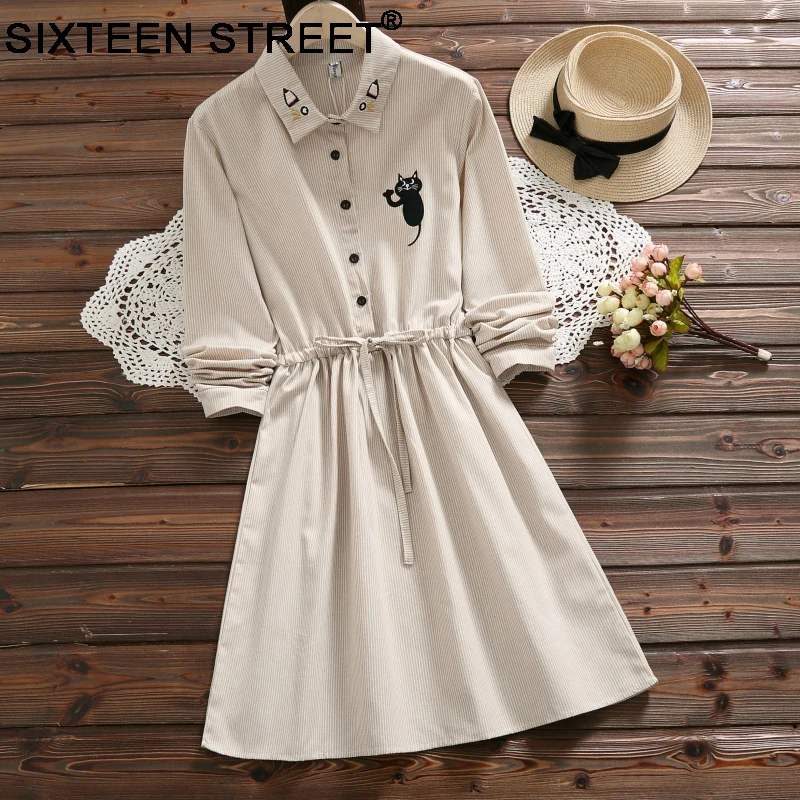 2018 New woman mini dress 100% cotton turn-down neck blue khaki strip cat embroidery spring autumn casual short dress female
2018 New woman mini dress 100% cotton turn-down neck blue khaki strip cat embroidery spring autumn casual short dress female