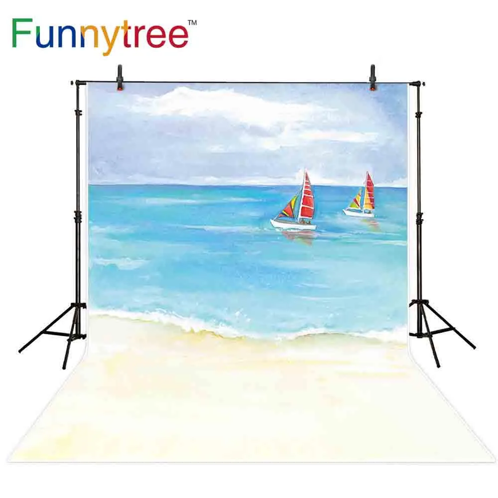 Фон Funnytree для фотостудии картина маслом море Пляж Лето парусник небо дети