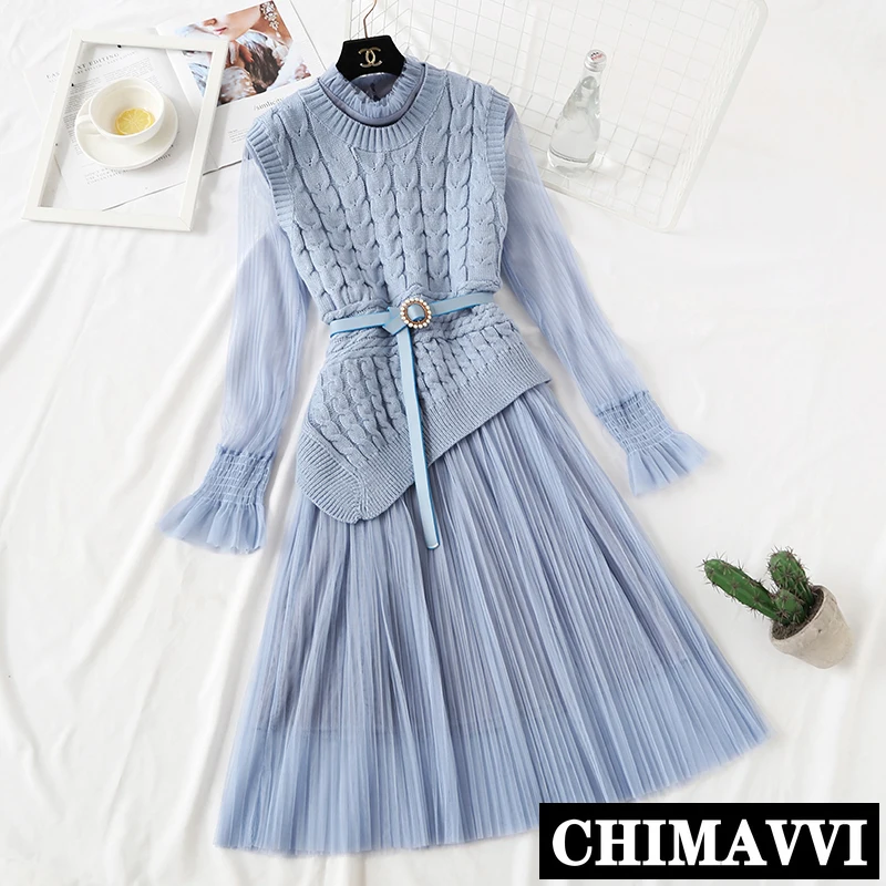 New Fairy Knitted Dress Set Women Spring Fall Knitted Vest + Long Sleeve Slim Gauze Dress Two Piece Lady Sweater Dress
New Fairy Knitted Dress Set Women Spring Fall Knitted Vest + Long Sleeve Slim Gauze Dress Two Piece Lady Sweater Dress