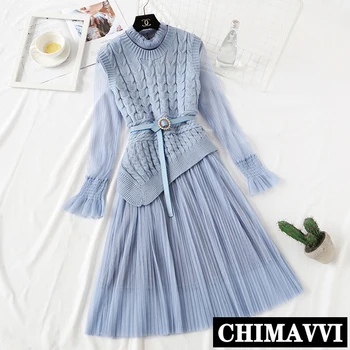 New Fairy Knitted Dress Set Women Spring Fall Knitted Vest + Long Sleeve Slim Gauze Dress Two Piece Lady Sweater Dress
New Fairy Knitted Dress Set Women Spring Fall Knitted Vest + Long Sleeve Slim Gauze Dress Two Piece Lady Sweater Dress