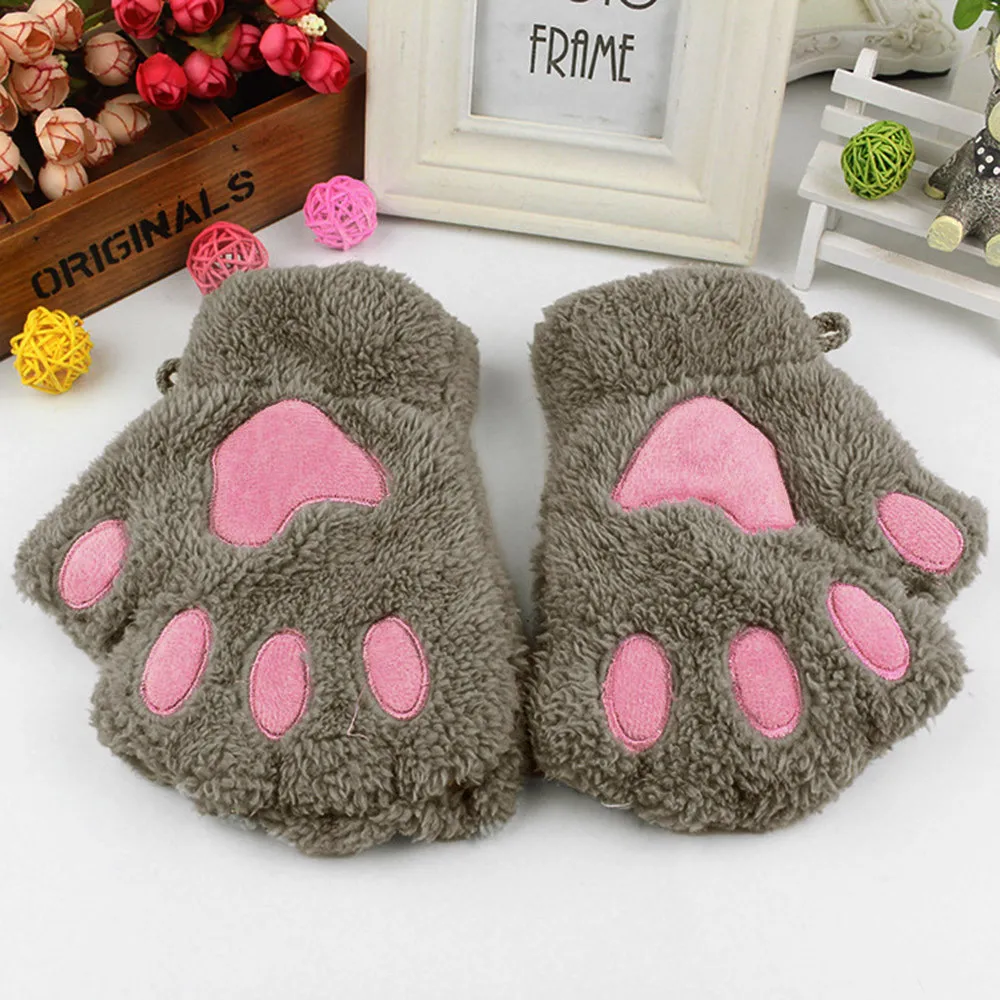 Зимние перчатки для девочек 1 пара теплые плюшевые рукавицы с милой кошачей лапой
