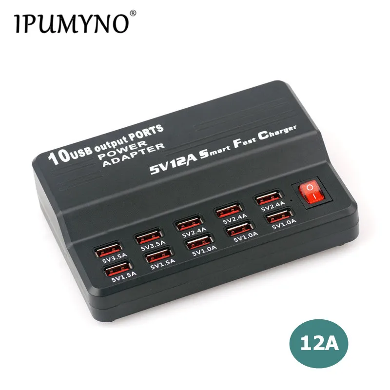 Фото IPUMYNO EU US UK штекер 60 Вт 12А 10 портов USB зарядное устройство настенное путешествие с