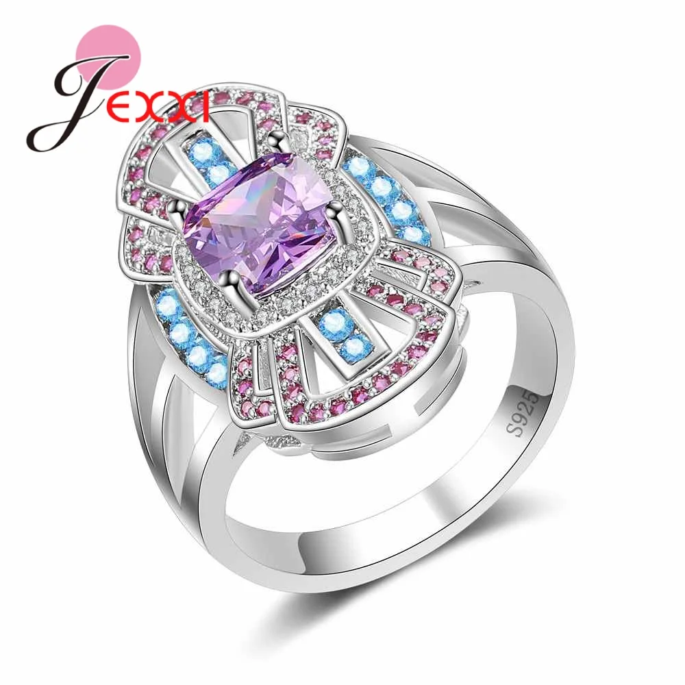 Женское кольцо из серебра 925 пробы с розовым фиолетовым и синим фианитом |