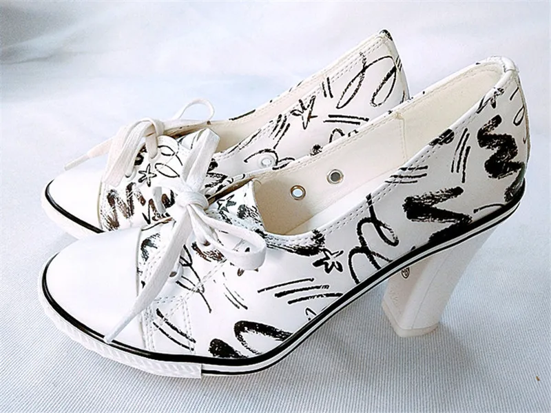 New Women Pumps Shoes Brand Designer Classic Casual Women Print 6CM8CM High-Heeled Shoes Lace-Up High Top Lady Shoes High Heels (1)