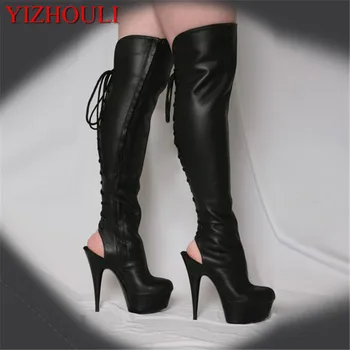 

15cm Hot Sexy Night Club boots Motorcycle Boots womens summer boots 6 inch high heel peep toe strappy thigh high stiletto boots