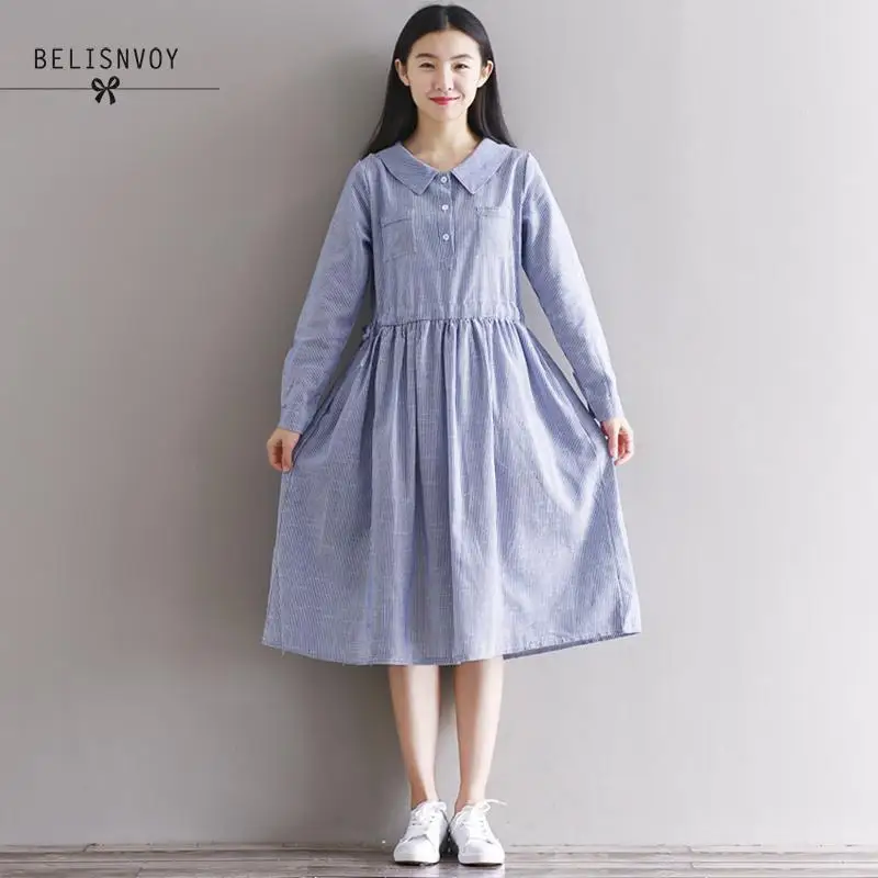 Mori Girl Dress 2019 Autumn New Women Students Literary Striped Long Sleeve Peter Pan Collar Long Cotton Linen Dress
Mori Girl Dress 2019 Autumn New Women Students Literary Striped Long Sleeve Peter Pan Collar Long Cotton Linen Dress