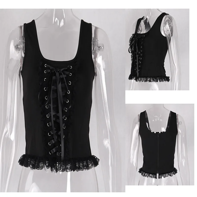 Women Punk Lace Up Tie Strappy Camisole Tank Top Vest Knitted Cotton Blend Lolita Punk Spaghetti Campus Style New Crop Tops 
Women Punk Lace Up Tie Strappy Camisole Tank Top Vest Knitted Cotton Blend Lolita Punk Spaghetti Campus Style New Crop Tops