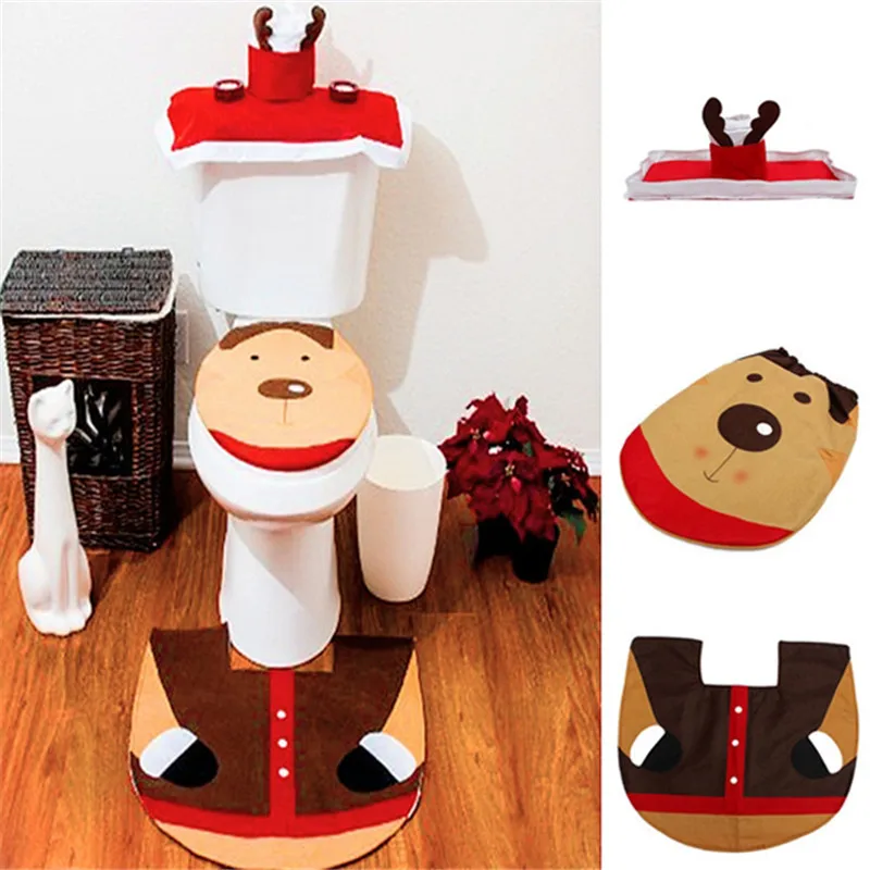 3Pcs Set Christmas Decorations Toilet Case Happy Santa Seat Cover Rug Mat Bathroom