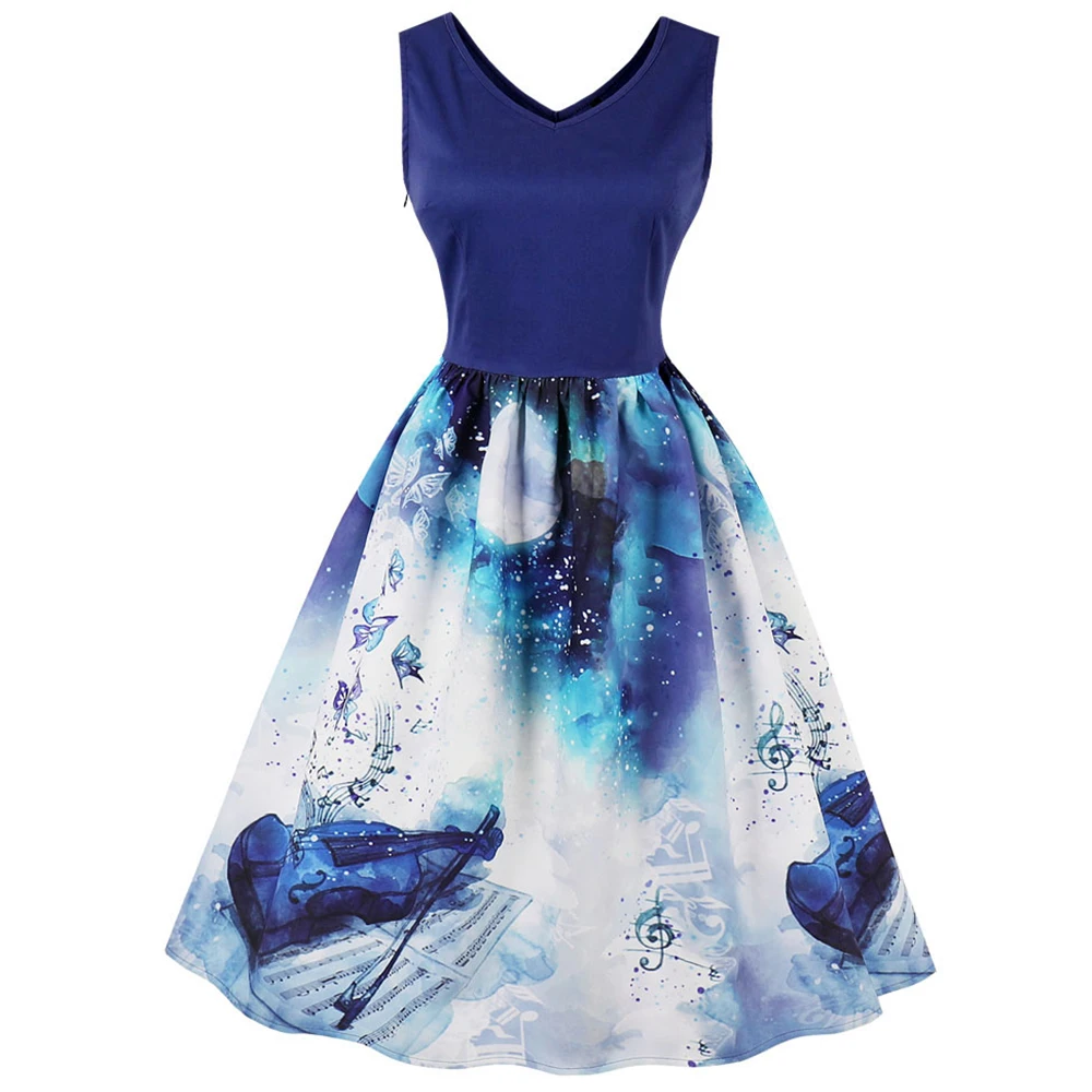 Joineles Plus Size 4XL Blue Print Women Vintage Dress Elegant V Neck Sleeveless Summer Dress Party Feminino Vestidos Music Dress
Joineles Plus Size 4XL Blue Print Women Vintage Dress Elegant V Neck Sleeveless Summer Dress Party Feminino Vestidos Music Dress