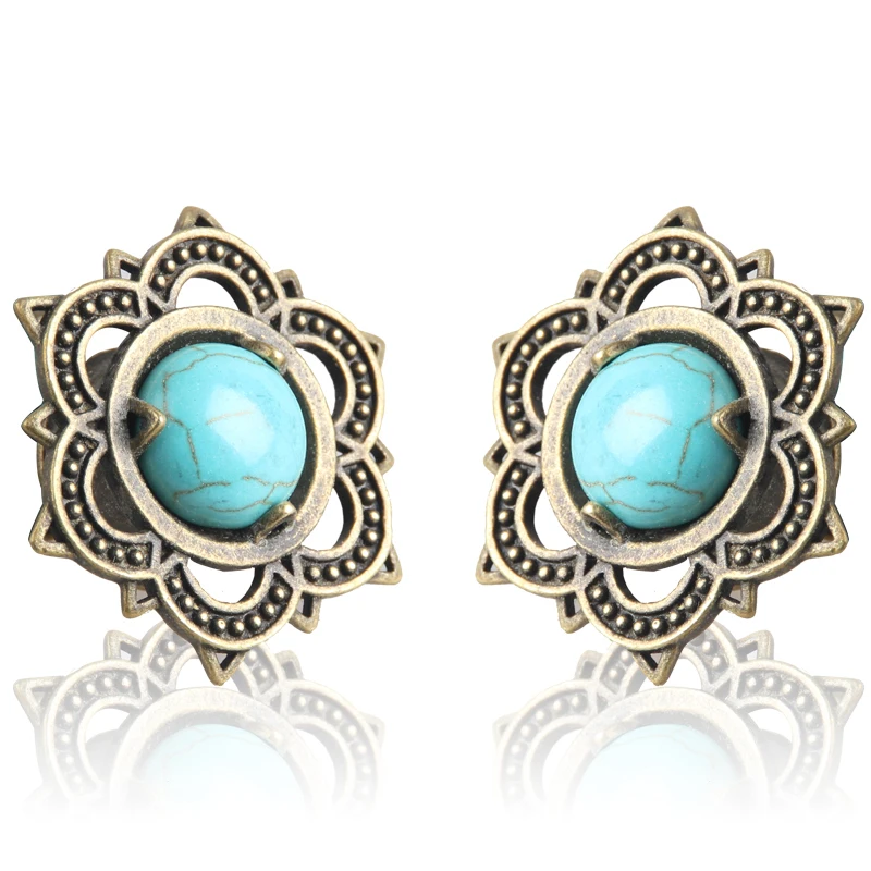 New Products Mandala Blue Stone Copper Earplugs Tunnel Plugs Body Piercings Jewelry Single Horn Ear Dilator Stretch | Украшения и