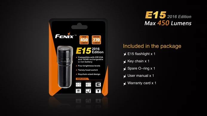 2016 Edition Fenix E15 Cree R5 LED MAX 450 люмен высокопроизводительный брелок фонарик EDC с