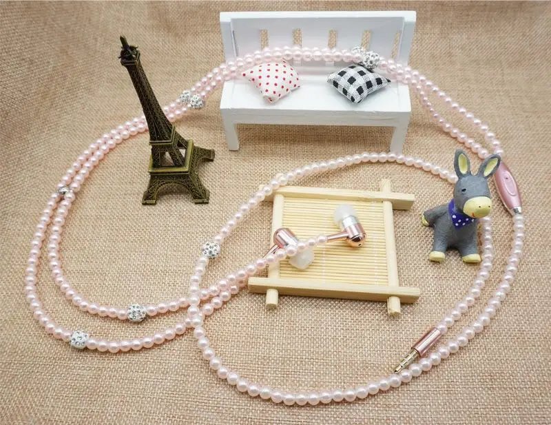 2017 Pink girl Rhinestone Jewelry Pearl Necklace Earphones With Mic 3.5mm Earbuds For Xiaomi Huawei Brithday Gift fone de ouvido 7 (1)