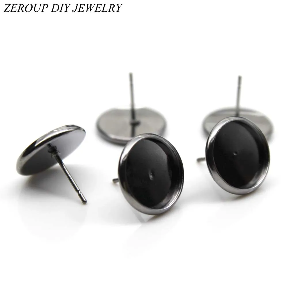 

ZEROUP 12mm Stud Earring Round Gun Black Plated glass cabochon base earring setting supplies for jewelry 20pcs/lot