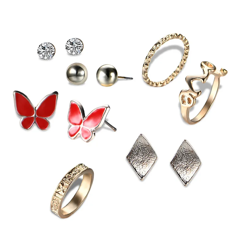Vintage Fashion Jewelry Suit Rings Earrings Set For Woman Butterfly Stud Earrings Crystal Circle Earbob Gold Color Rings For Wom
Vintage Fashion Jewelry Suit Rings Earrings Set For Woman Butterfly Stud Earrings Crystal Circle Earbob Gold Color Rings For Wom
