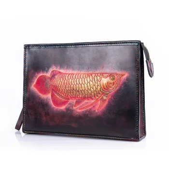 

Handmade Men Vegetable Tanned Leather Carvings Dragon Carp Bag Money Holder Clutch Purse Cigarette Pocket Man Clutches