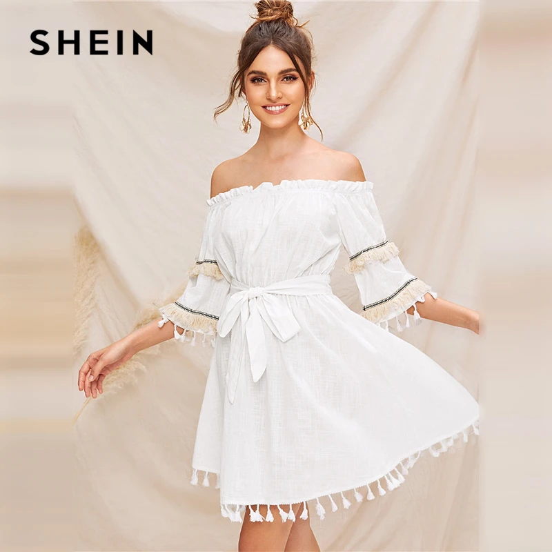 

SHEIN Ruffle Trim Tassel Trim Belted Bardot Dress Boho White Off Shoulder Summer Dress 2019 Fringe Half Sleeve Women Dresses
