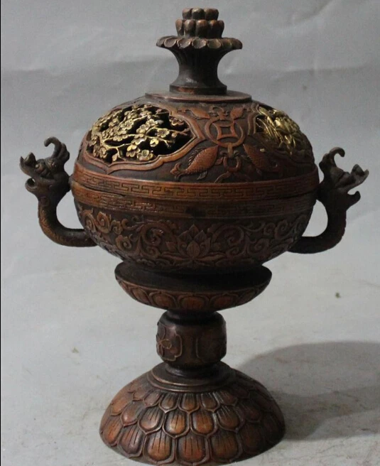 11"Chinese Bronze Gilt Wealth Money 2 Dragon Lotus Incenser Burner Censer Statue S0708
11"Chinese Bronze Gilt Wealth Money 2 Dragon Lotus Incenser Burner Censer Statue S0708