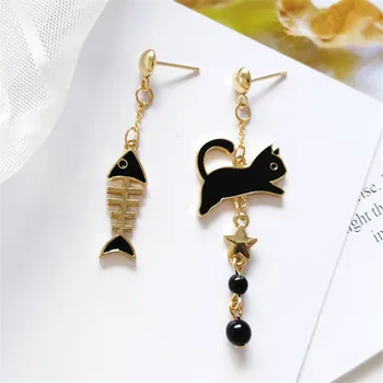 Fashion cat fish bone asymmetry earrings Gold stars Black cat earrings female popular cat eat the fish stud earrings for women
Fashion cat fish bone asymmetry earrings Gold stars Black cat earrings female popular cat eat the fish stud earrings for women