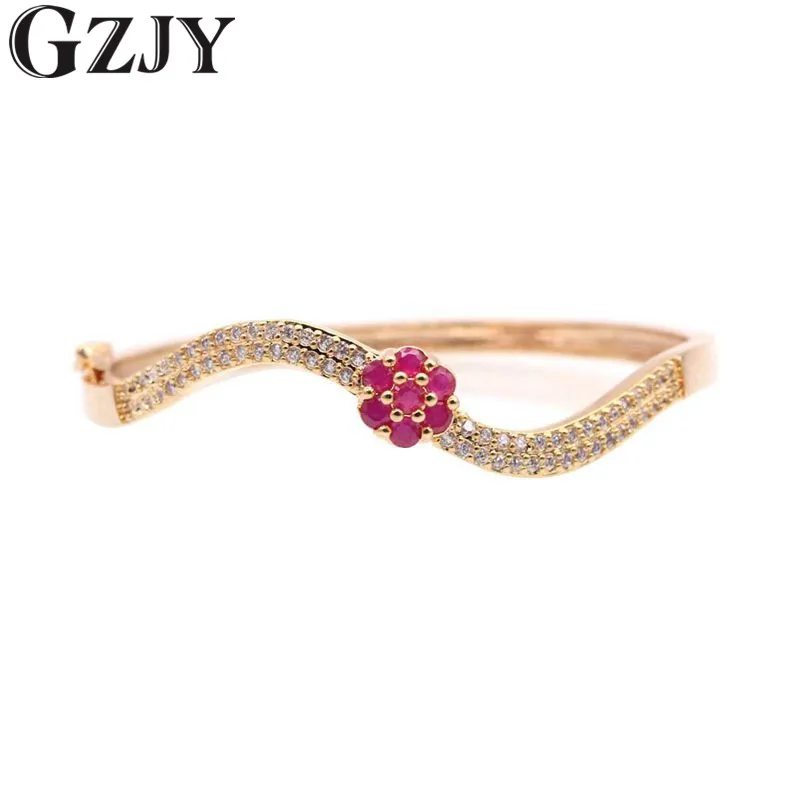 

GZJY Fashion Charm Red Flower Zircon Bracelet Champagne Gold Color Cuff Bangle For Women indian Jewelry Wedding pulseiras bijoux