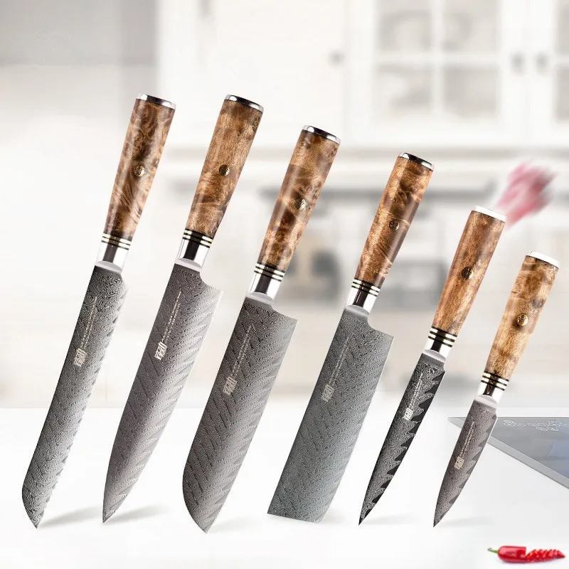 6 PCS AUS-10 Damascus Steel Sapele Wood Handle Arrow Pattern Damascus Knife Set 67 layers Chef Utility Paring Knife
6 PCS AUS-10 Damascus Steel Sapele Wood Handle Arrow Pattern Damascus Knife Set 67 layers Chef Utility Paring Knife