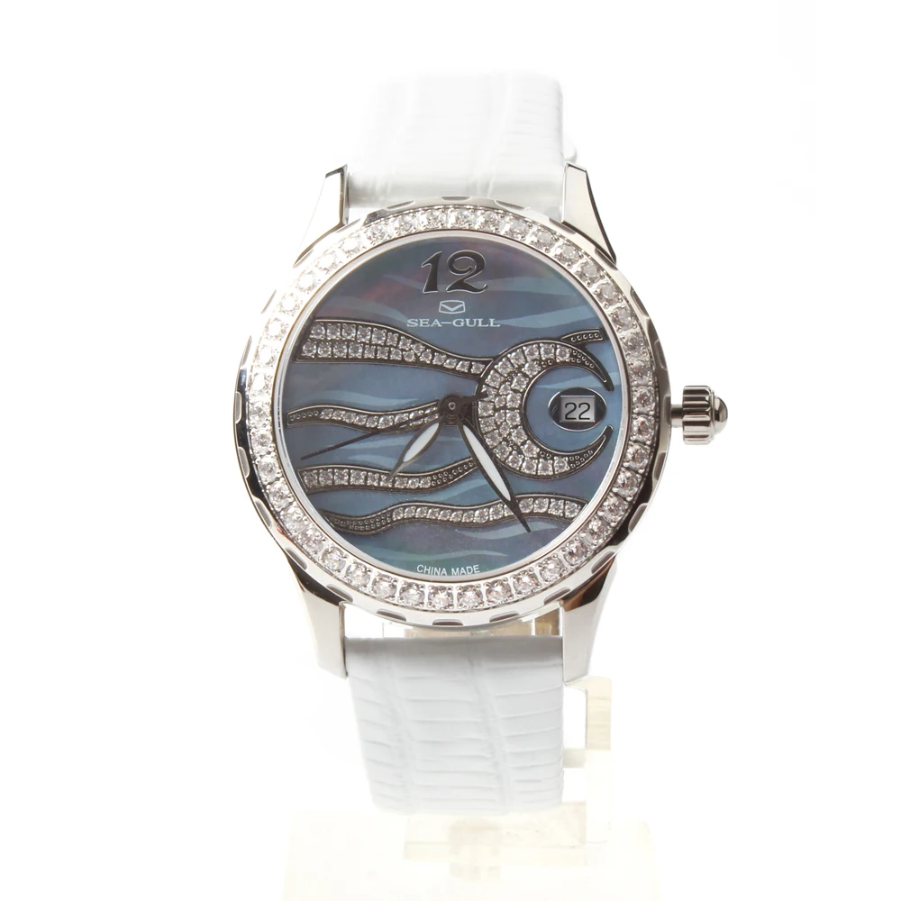 Genuine Seagull MOP Dial Rhinestones Bezel Light Blue Exbition Case Back Mechanical Self Wind Automatic Women's Watch 719.762L
Genuine Seagull MOP Dial Rhinestones Bezel Light Blue Exbition Case Back Mechanical Self Wind Automatic Women's Watch 719.762L
