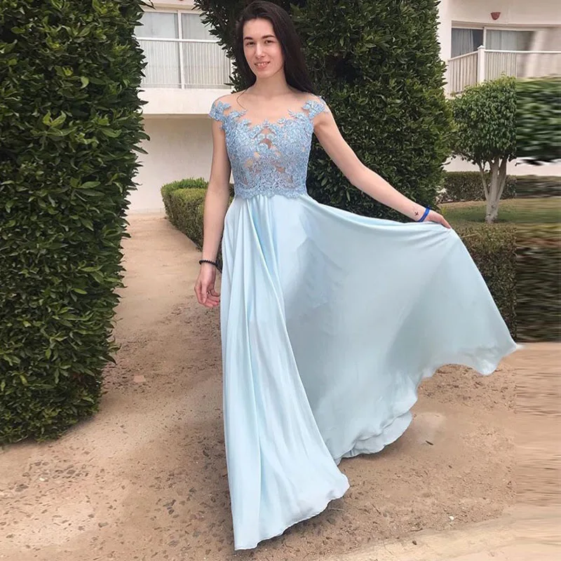 Illusion Bodice Light Sky Blue Prom Dress Cap Sleeves Appliques Formal Party Gowns Evening Dress Vestido De Formatura Longo 2019
Illusion Bodice Light Sky Blue Prom Dress Cap Sleeves Appliques Formal Party Gowns Evening Dress Vestido De Formatura Longo 2019