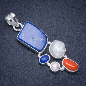 Natural Lapis Lazuli,River Pearl and Red Coral Handmade Unique 925 Sterling Silver Pendant 2" A0048
Natural Lapis Lazuli,River Pearl and Red Coral Handmade Unique 925 Sterling Silver Pendant 2" A0048