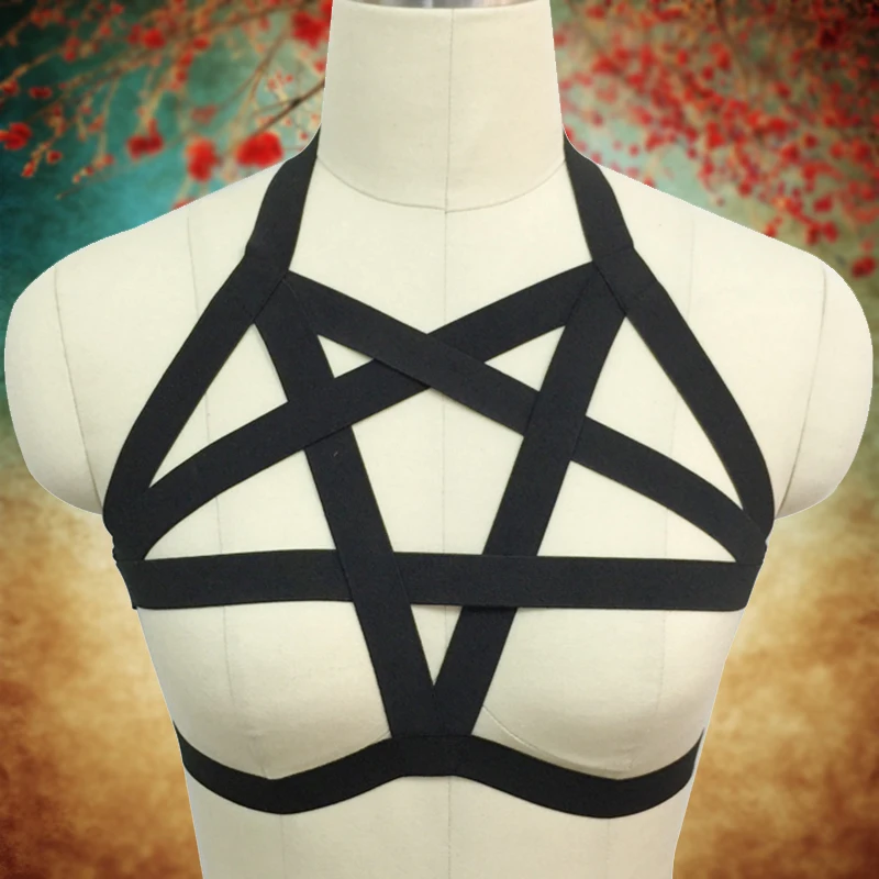 

Women Goth Pentagram Harness Sexy Lingerie Harness Gothic Top Cage Bra Fetish Rave Wear Bondage Dress Harajuku Body Harness