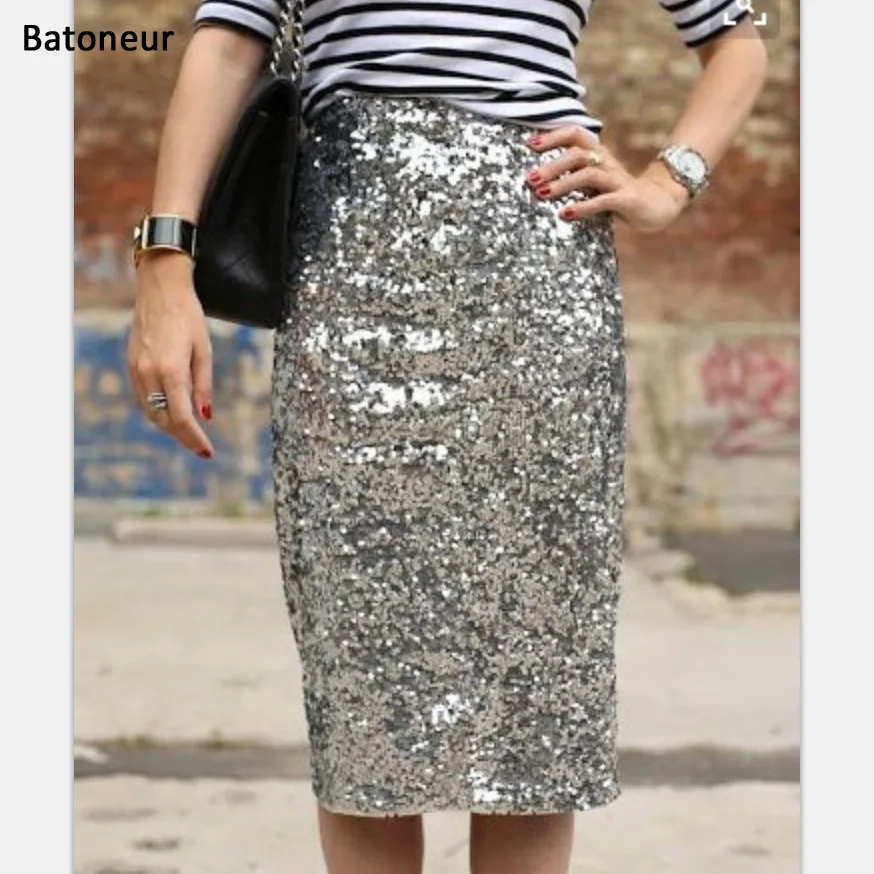 Image Batoneur Sliver Sequin Skirts Women Straight knee Length Midi Skirt Custom Made Modest Skirt