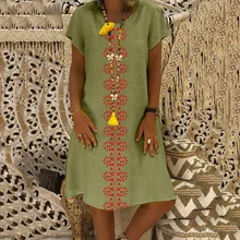 Cotone E Lino vestiti delle donne O-Collo abiti estivi e prendisole Stampato Più di Formato Delle Signore vestiti di estate sukienka # G6(China)