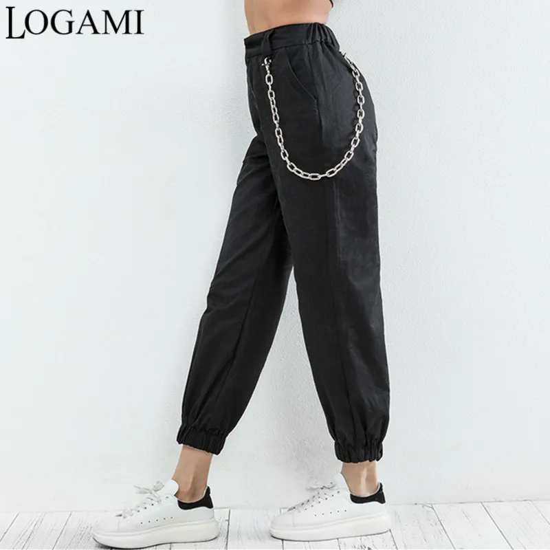 

LOGAMI High Waist Pants Spring Autumn Cool Sexy Pants Womens Trousers 2018 Streetwear With Chain Black/Khaki