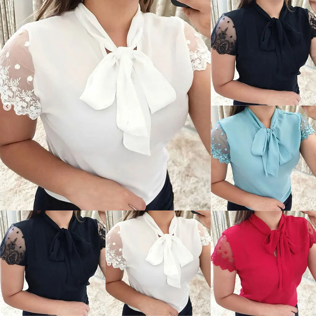 Women Summer Work Office Lace Top Bow Tie Short Sleeve Chiffon Shirt Blouse Feminine Blusas Mujer New Arrival Casual Tee Tops
Women Summer Work Office Lace Top Bow Tie Short Sleeve Chiffon Shirt Blouse Feminine Blusas Mujer New Arrival Casual Tee Tops