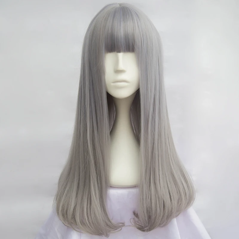 

60CM Light Gray Mixed Lolita Wavy Long Synthetic Halloween Ombre Neat Bang Cosplay Wig+Cap