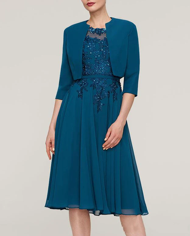 Blue Women's Chiffon With Appliqued Beadings Scoop Neck 2 Pieces Mother Of The Bride Dress Knee Length With Jacket Kurti
Blue Women's Chiffon With Appliqued Beadings Scoop Neck 2 Pieces Mother Of The Bride Dress Knee Length With Jacket Kurti