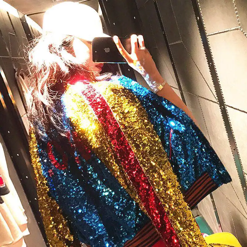 Bling Bomber jacket Colorful Sequins 2019 Spring Motorcycle Fly Coat girl Color Block coats Punk Loose Coats Shinny LT488S50
Bling Bomber jacket Colorful Sequins 2019 Spring Motorcycle Fly Coat girl Color Block coats Punk Loose Coats Shinny LT488S50