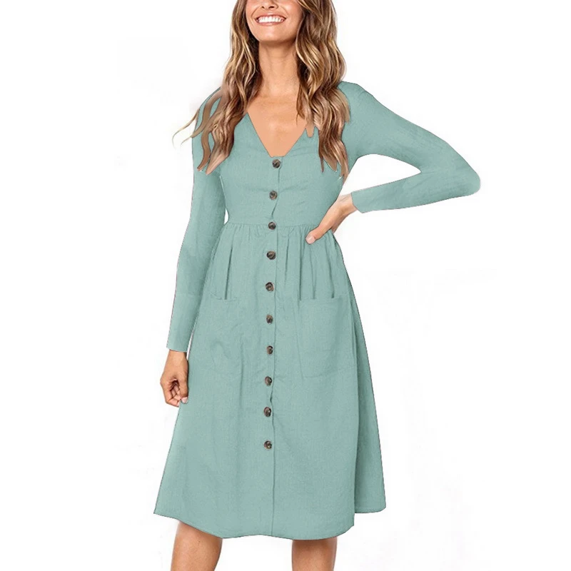 Laamei Women's Spring Classic Dresses Long Sleeve Lady V Neck Button Decorative Midi Dresses With Pockets Vestidos Mujer
Laamei Women's Spring Classic Dresses Long Sleeve Lady V Neck Button Decorative Midi Dresses With Pockets Vestidos Mujer