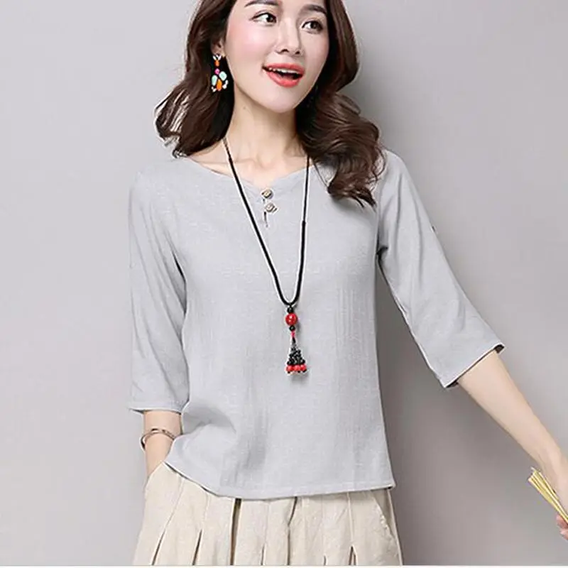 2017 new fashion elegant cotton linen women summer blouse loose casual plus size half sleeve solid vintage shirt tops for female
2017 new fashion elegant cotton linen women summer blouse loose casual plus size half sleeve solid vintage shirt tops for female