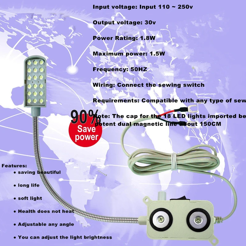 Sewing machine light 18 LED strong double magnet magnetic dimmable energy-saving lamp wiring plug clothes
Sewing machine light 18 LED strong double magnet magnetic dimmable energy-saving lamp wiring plug clothes