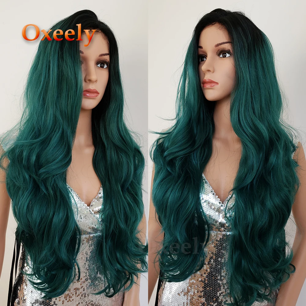 

Oxeely Body Wave Ombre Green Hair Wigs Synthetic Lace Front Wig Glueless Long Wavy Soft HairDark Roots Wigs With Baby Hair