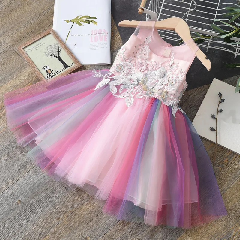 Цветочное платье для девочек одежда маленьких детские радужные фатиновые платья