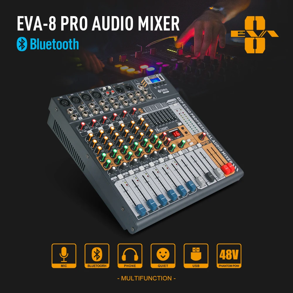 Debra Audio EVA-8 8 Channel Audio MixerDJ & Studio Console Mixer System Built-in Bluetooth Wireless Receiver Debra Audio EVA-8 8 Channel Audio MixerDJ & Studio Console Mixer System Built-in Bluetooth Wireless Receiver