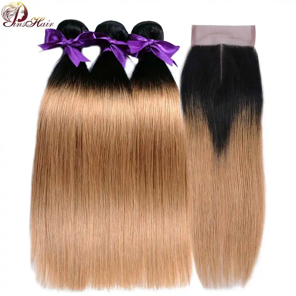 Pinshair Hair Dark Blonde Bundles With Closure Ombre 1b 27 Peruvian Straight Human Hair 3 Bundles With Closure Nonremy No Tangle