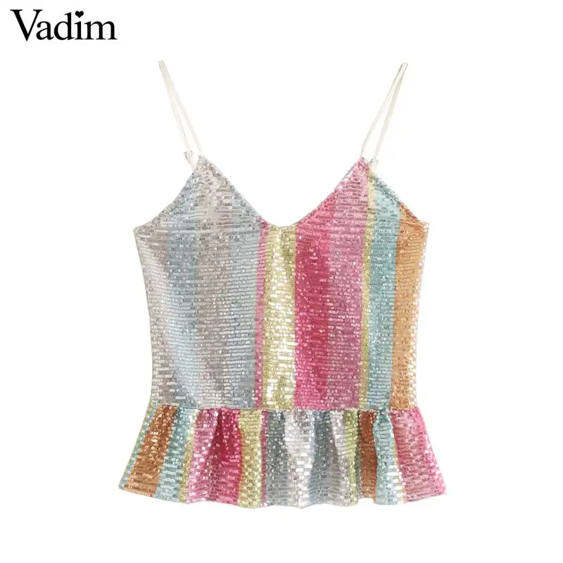 Vadim women stylish colourful striped V neck backless blouse sleeveless ruffles sequined design female sexy chic tops WA403
Vadim women stylish colourful striped V neck backless blouse sleeveless ruffles sequined design female sexy chic tops WA403