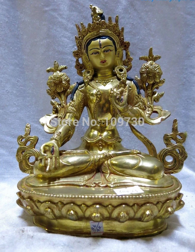 001455 9" Tibet gilt bronze fine carved lotus flower beautiful White Tara buddha Statue